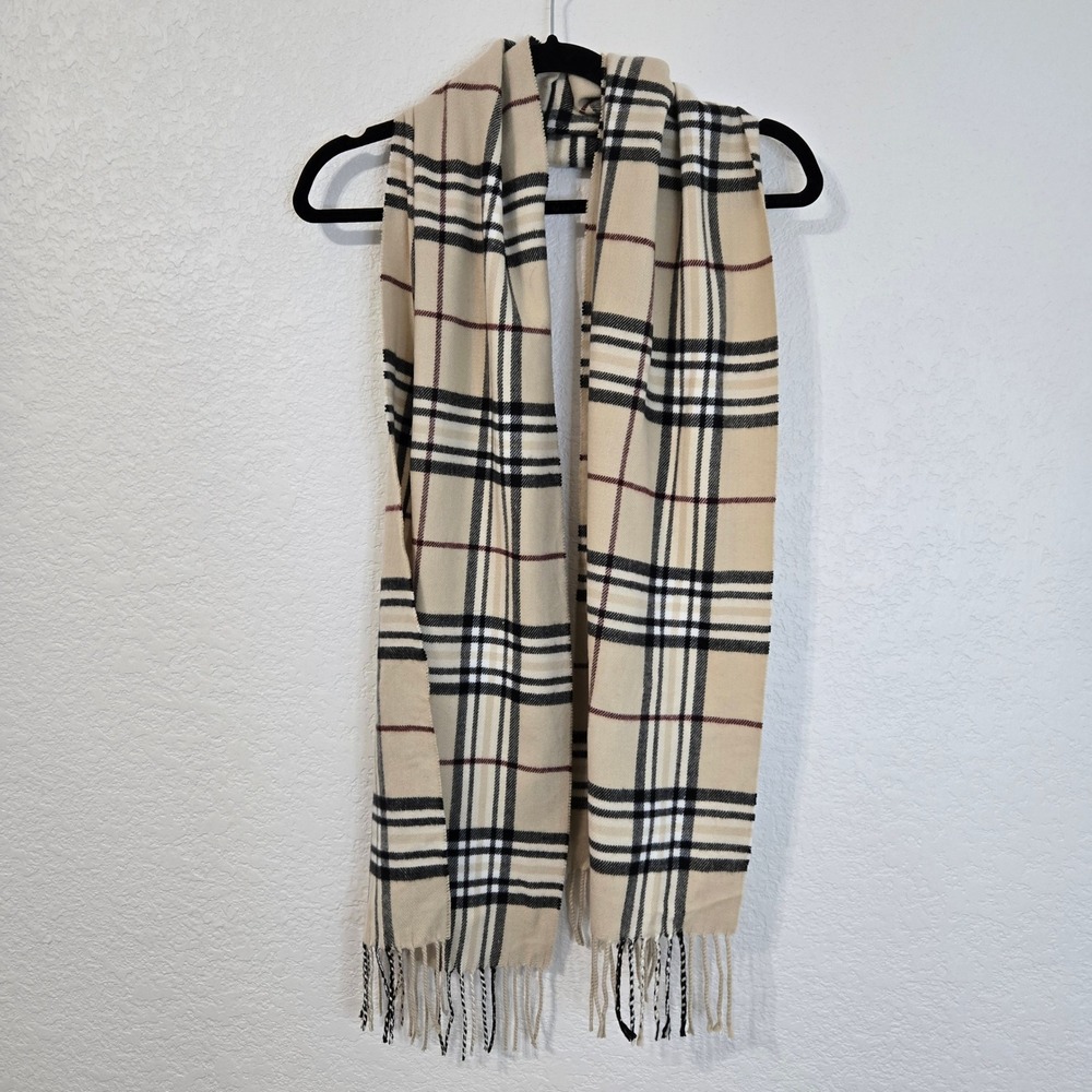 Italy Design Plaid Winter Scarf Cream Black Burgundy Cashmere Feel Preppy Fringe